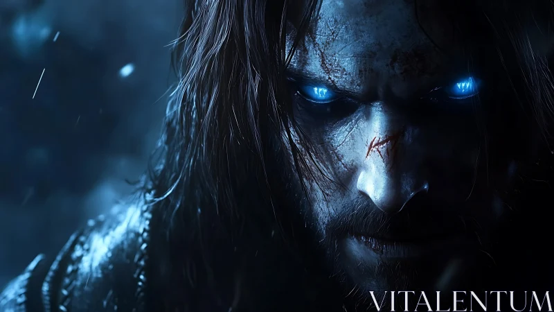 Blue-eyed spectral warrior rendered in high-contrast digital chiaroscuro