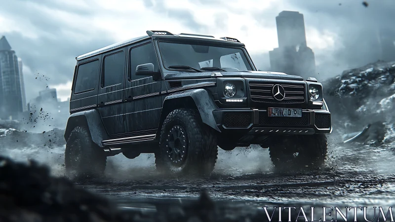 Black off-road SUV in muddy urban wasteland landscape.