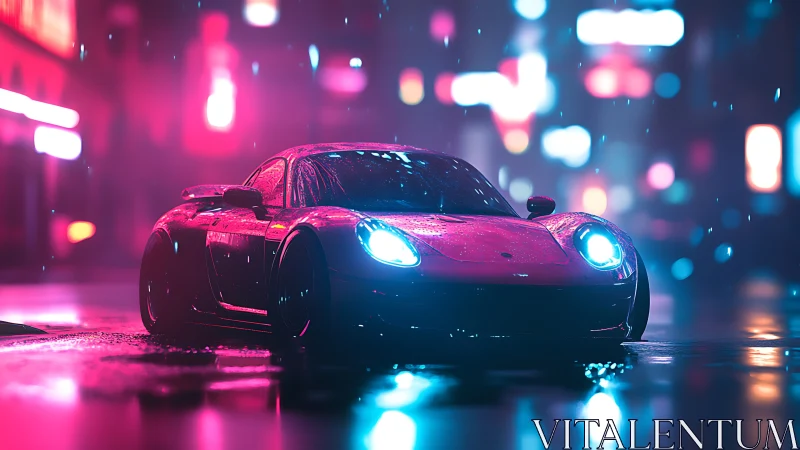 Sports coupe on wet neon city street at night in rain.