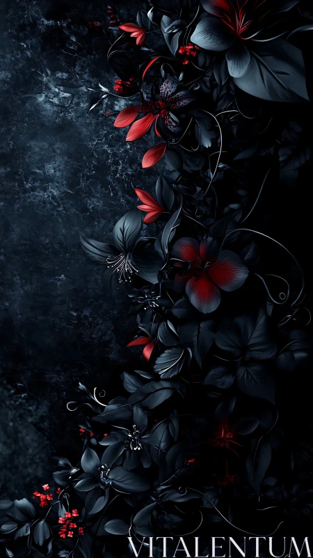 Dark Botanical Composition with Red and Black Flowers