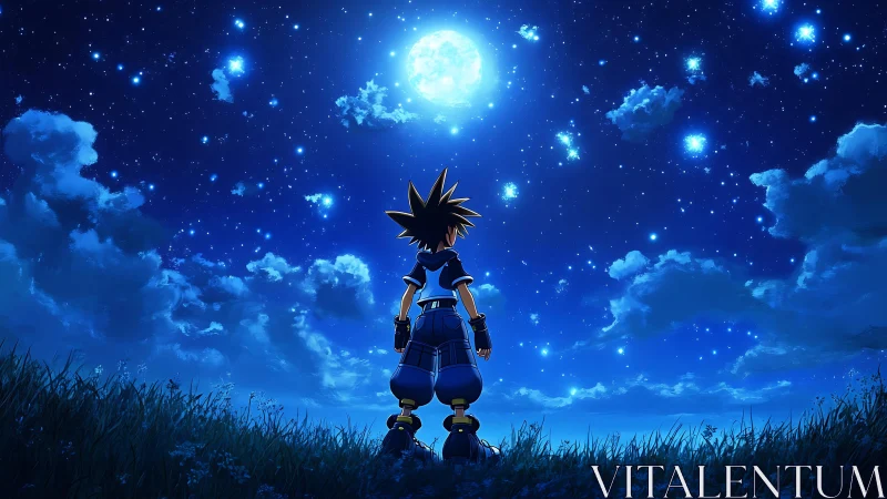 Silhouetted figure observing bright moonlit night sky.