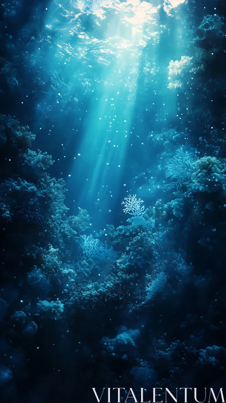 Sunlight penetrates a deep underwater coral environment