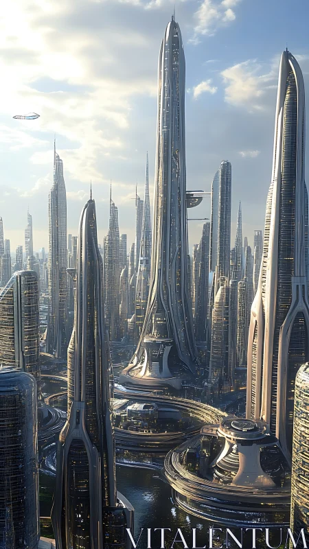 Futuristic skyline with tall sleek towers over waterways.
