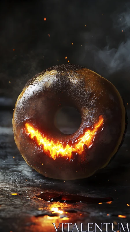 Glazed doughnut with internal flame effect on dark surface.