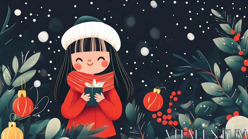Girl holds gift amid stylized foliage and falling snowflakes