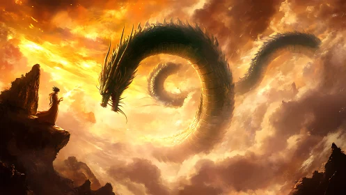 Skyfire pact between lone summoner and coiling sun dragon.
