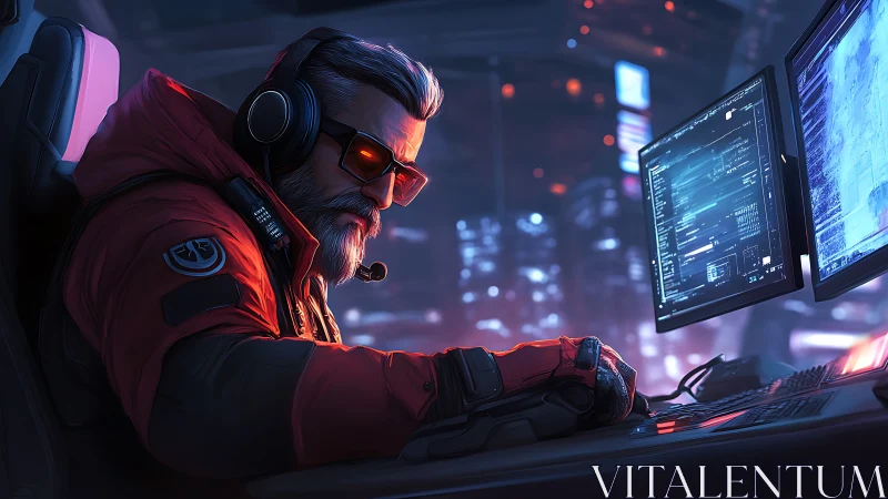 Cyberpunk operator monitors dual displays in neon-lit control hub