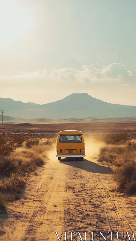Yellow van drives along dusty desert track toward distant mountain