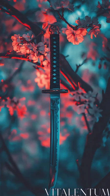 Samurai blade glows amid neon-lit cherry blossoms at dusk.