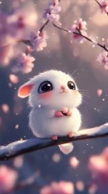 Fluffy white bunny gazes at cherry blossoms in soft light.