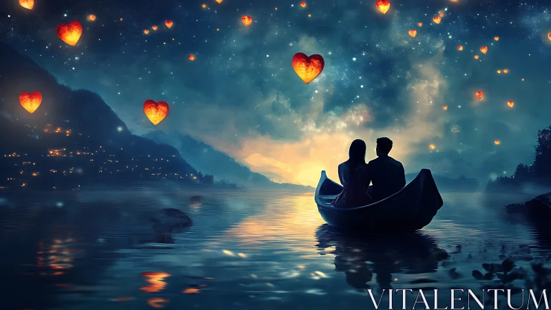 Couple in Boat Under Glowing Heart-Shaped Lanterns