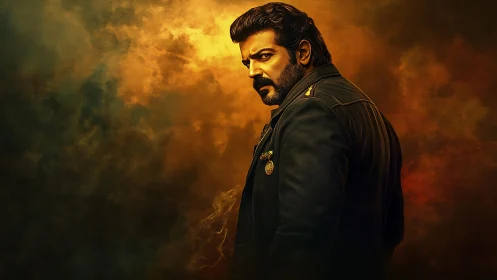 Brooding hero stands in smoky golden battlefield haze