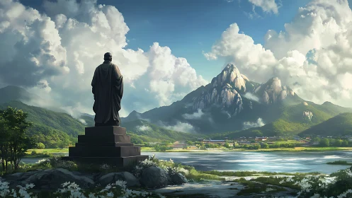 Monolithic riverside statue surveying stratified clouded peaks.