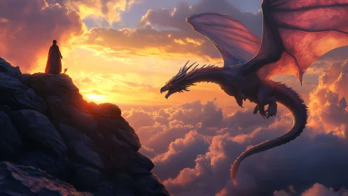 Cloaked figure confronting sunset-lit dragon above cloud sea