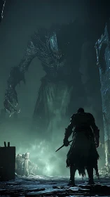 Lone warrior confronts colossal shadow entity in fog-drenched alley