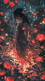 Dark haired girl stands in glowing rose garden at night
