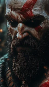 Close digital portrait shows rugged, marked face and beard