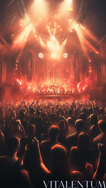 Cathedral concert bathed in glowing copper light and fire.