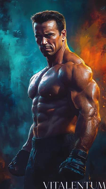 Muscular fighter under teal and orange dramatic lighting.