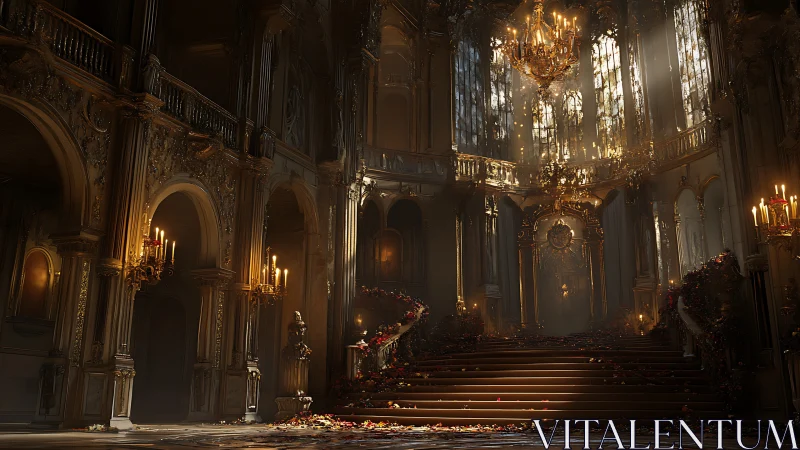 Digital baroque grand staircase with chandeliers and rose details.