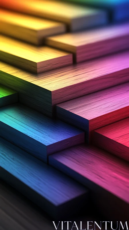 Layered wooden planks in vivid stepped rainbow gradient.