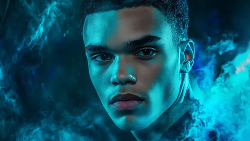 Moody blue-lit male portrait with intense smoky backdrop.