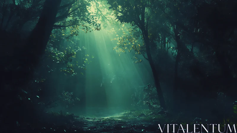 Forest clearing bathed in ethereal light rays through dense canopy.