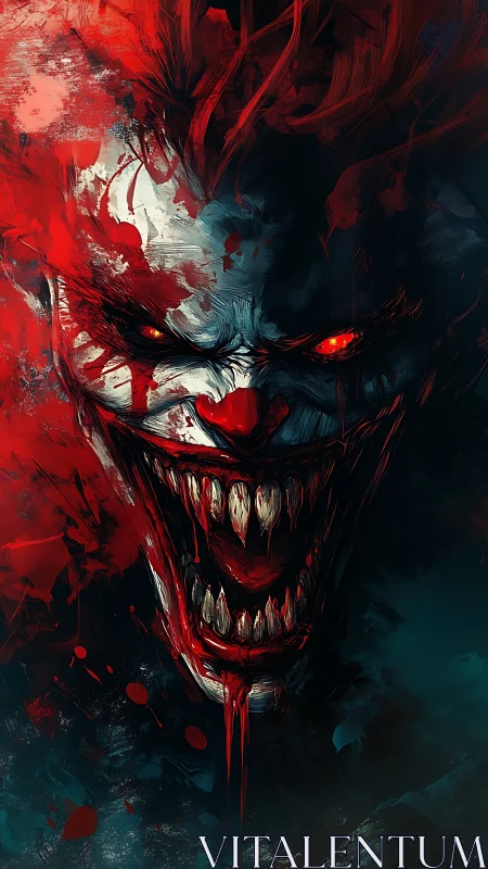 Vertical close-up of demonic clown face with splattered dual-color lighting