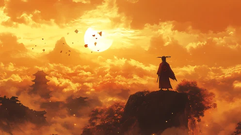 Samurai silhouette overlooks blazing golden sunset valley