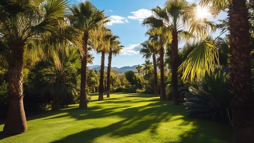 Palm-lined lawn with late-afternoon sunlight and mountains.