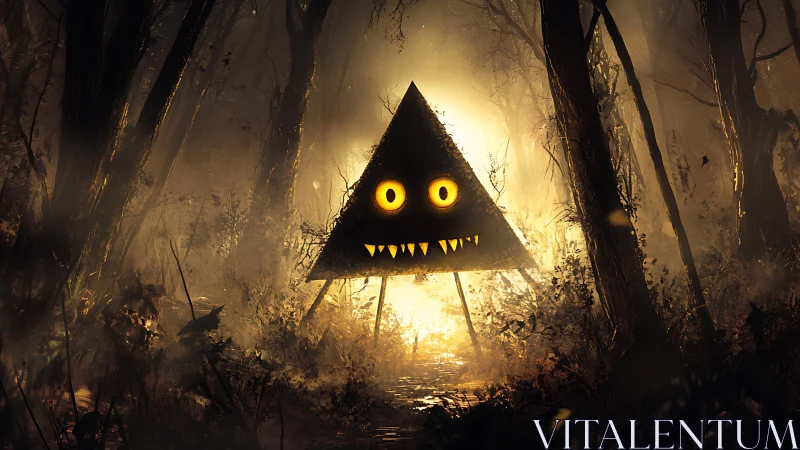 Luminous triangular forest entity with glowing eyes and fangs