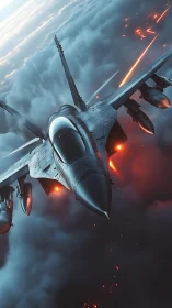 Sleek fighter jet soaring through glowing storm clouds.