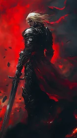 Crimson clad knight stands ready in swirling firelit storm