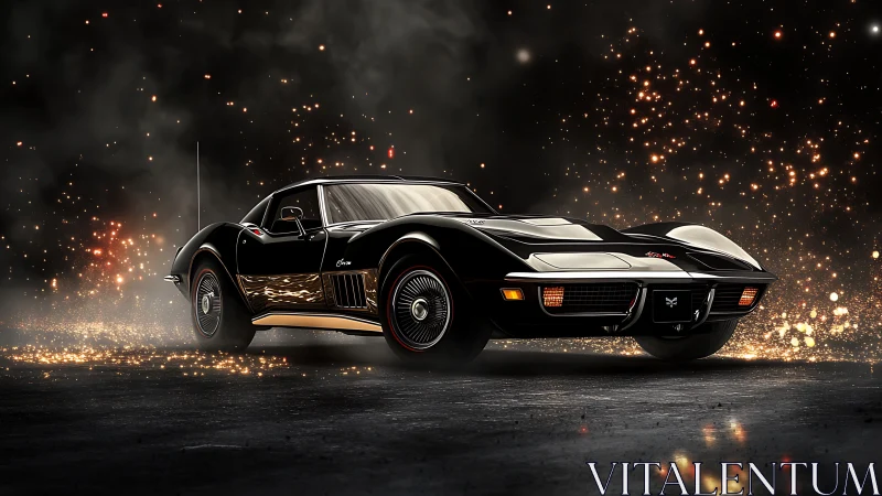 Classic black muscle car amid glowing spark-filled night.