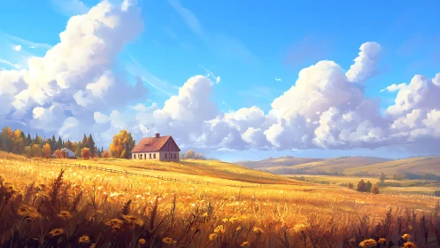 Country farmhouse overlooks golden autumn meadow under clouds