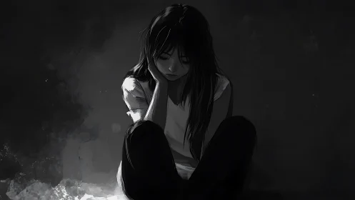 Monochrome digital painting of pensive seated girl in shadow.