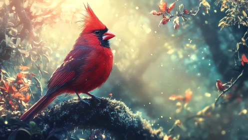 Vibrant Cardinal in Enchanted Forest, Dreamlike Digital Art.
