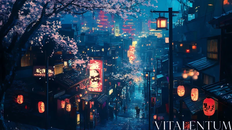 Nighttime city street shows lanterns, signage and wet pavement