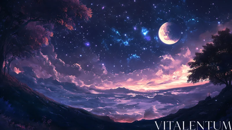 Luminous crescent above violet cloud sea at twilight horizon.