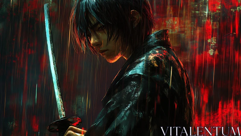 Brooding young swordsman waits in neon rainlit silence