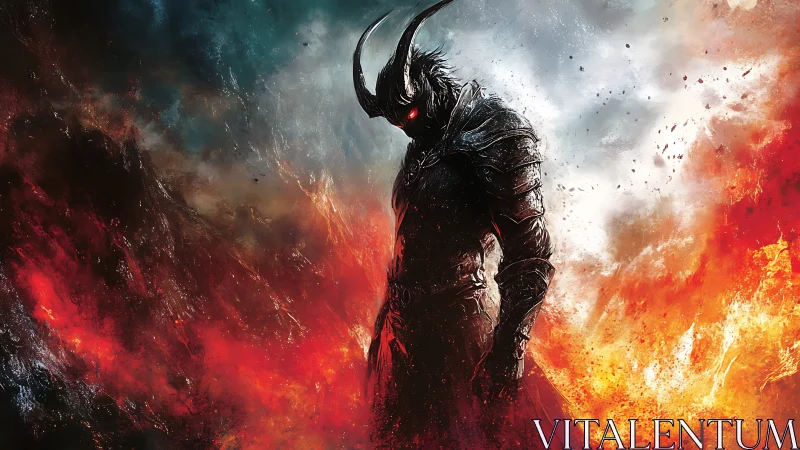 Infernal horned warrior in molten firestorm environment.