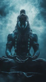 Transcendent yogic figure in volumetric blue backlit mist.