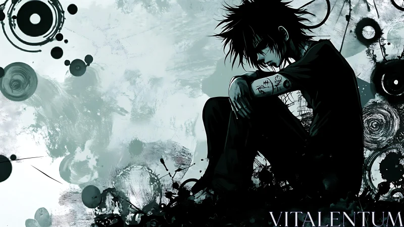 Moody ink-splatter anime portrait with grunge abstraction.