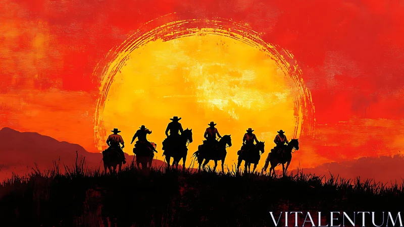 Silhouetted riders traverse ridge against textured sunset disc