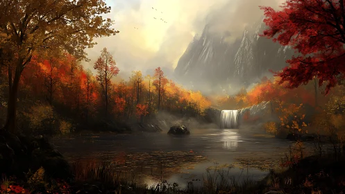 Autumn forest lake with misty mountains and waterfall.