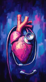 Cardiac anatomy rendered with stethoscope integration in neon hues