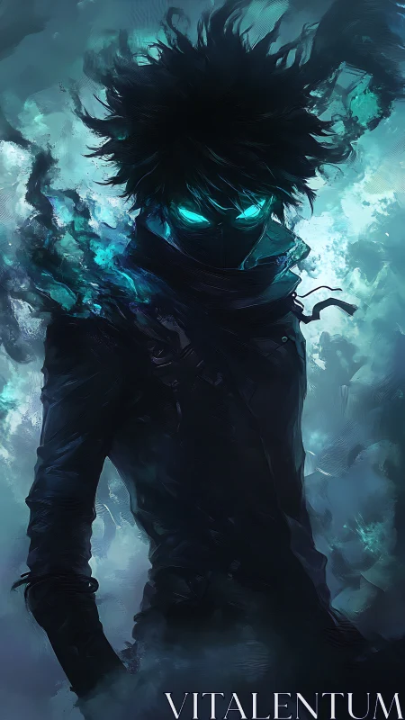 Mysterious neon-eyed wanderer stands in swirling blue mist