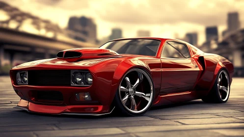 Sleek red muscle car shining under a warm city sunset.