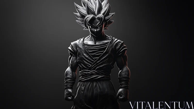 Monochrome stylized warrior figure with spiked hair.