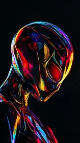 Prismatic android bows in neon silence between worlds